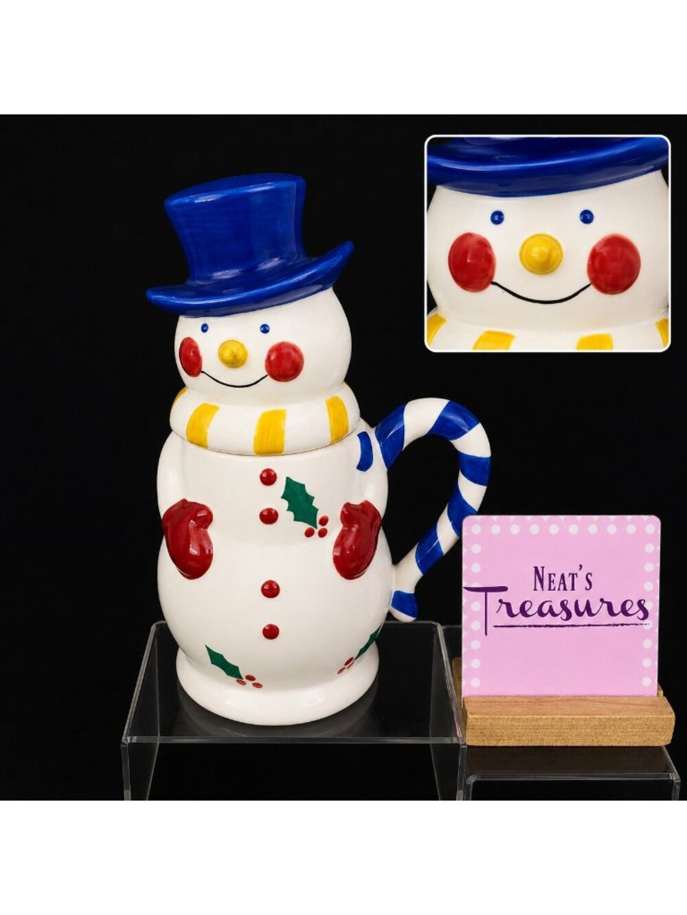 Temptation By Tara SNOWMAN Extra Large 3 Cups Ceramic Blue Top Hat Handle Mug